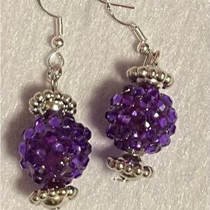 Purple and Silver Dangle Earrings with Crystal Beads